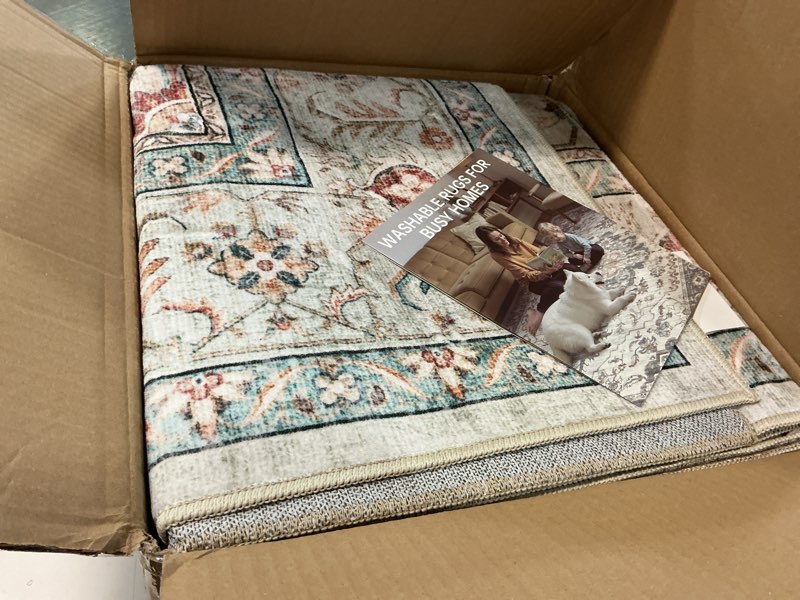 Condition photo showing Good Condition for Tortania Area Rug Living Room Rugs - 7x10 Washable Boho Rug Vintage Oriental Distressed Farmhouse Large Thin Indoor Carpet for Living Room Bedroom Under Dining Table Home Office - Aqua Multi 7' x 10' (Rectangular) Aqua Multi