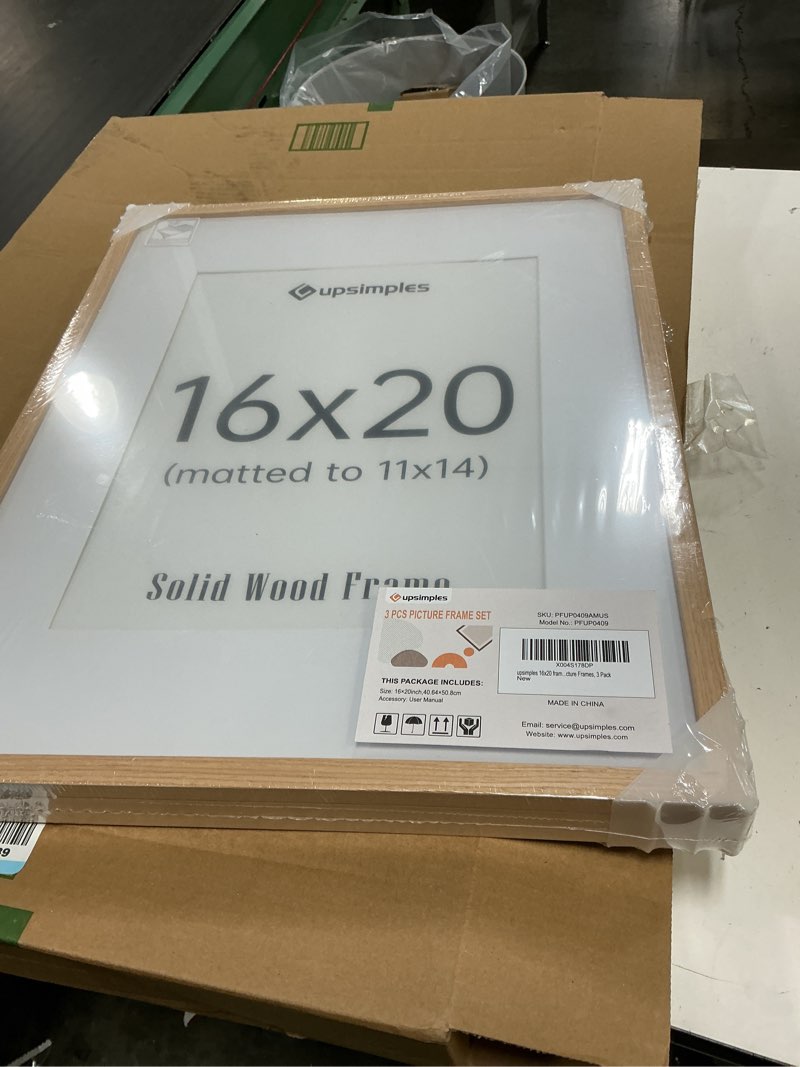 Condition photo showing New/Like New for upsimples 16x20 frames set of 3, natural solid wooden picture frames, display 11x14 with mat or 16 x 20 without for vertical or horizontal wall hanging
