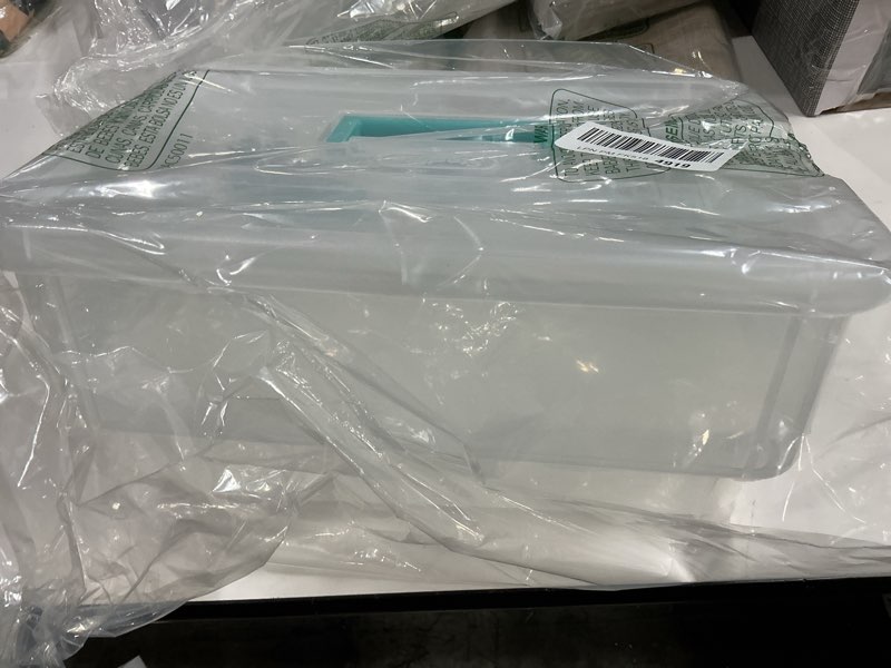 Condition photo showing Good Condition for Sterilite 1427CLR Stack & Carry - 2 Layer Box, Clear Lid & Blue Handle, See-through layers