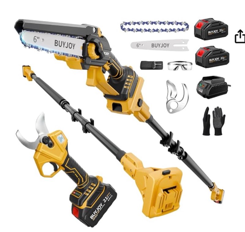 buyjoy 4-in-1 electric pruning shears & 8 inch pole saw combo, 1.8\" cutting diameter cordless pruner