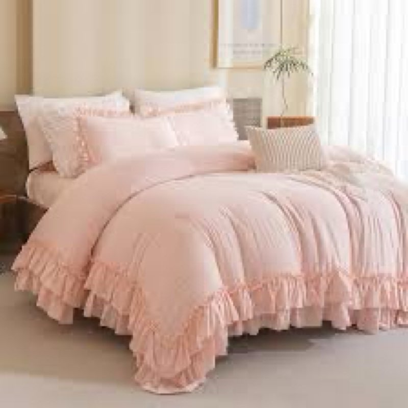 AMBERSPACE King Size Comforter Set Soft Pink, Ruffle Shabby Chic Bedding Set Farmhouse 7 Pieces, All