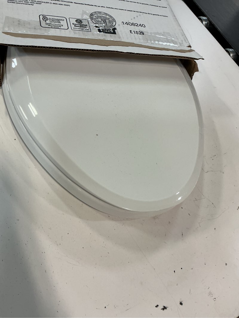 Condition photo showing Good Condition for kohler 4636-rl-0 cachet readylatch elongated slow close toilet seat, soft close toilet seat quiet lid, contoured grip-tight bumpers installation hardware, apartment essentials, white white elongated ready latch