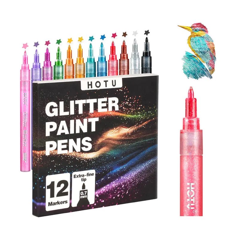 Hotucolor 12-Color Glitter Pens | Fine Point (0.7mm) Sparkly Markers