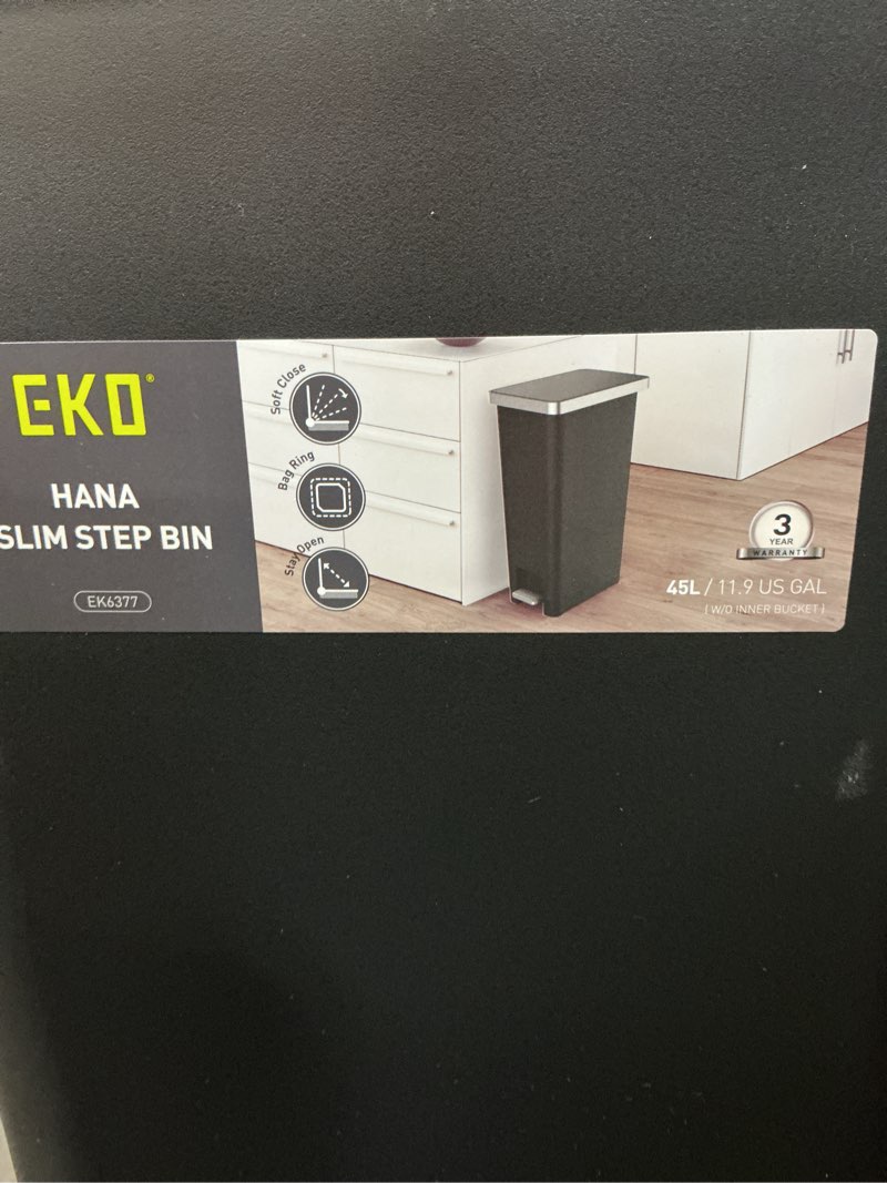 Condition photo showing Good Condition for 2 pcs eko  slim 45l / 11.9 gallon kitchen trash can with lid, stainless steel step garbage can for kitchen or home, space-saving garbage can with soft close lid, stay-open, liner ring, matte black matte black