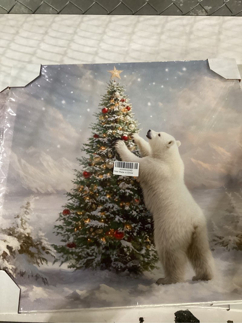 Condition photo showing New/Like New for Canvas Wall Art Christmas Polar Bear Pine Tree,Oil Painting Prints Artworks Picture Stretched and Framed, Winter Snowy Moutains Wall Decor for Living Room/Bedroom/Kitchen/Bathroom 8x8IN 8"L x 8"W Grey Green