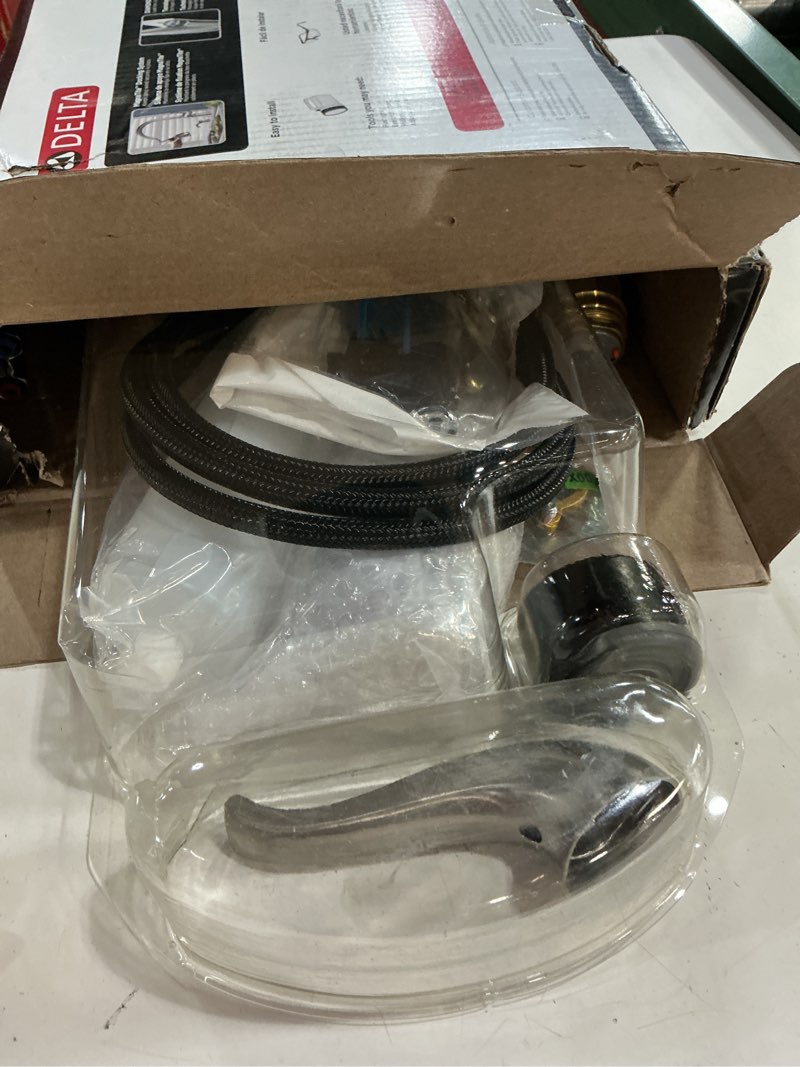 Condition photo showing As Is for delta kate brushed nickel kitchen faucet with pull down sprayer and soap disperser, modern two hole kitchen sink faucet, single handle, stainless 16970-sssd-dst stainless faucet
