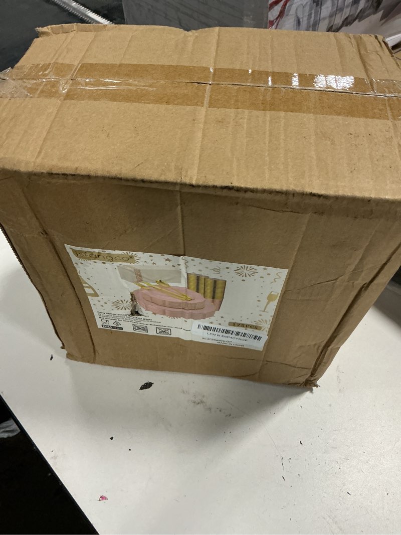 Condition photo showing New/Like New for 175 pcs pink plastic plates for 25 guests, pink and gold disposable dinnerware set for party wedding include 25 dinner & 25 dessert plates, spoons, forks, knives, cups, 25 napkins
