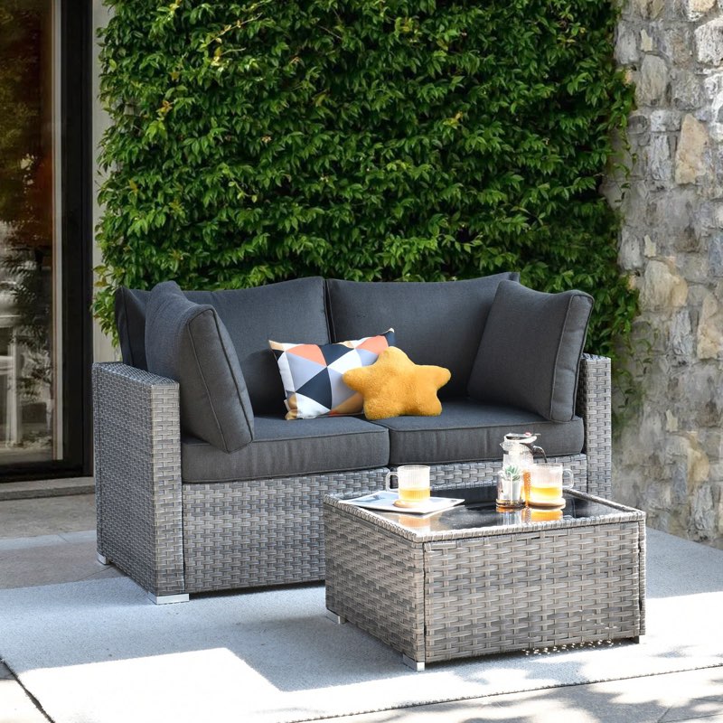  3 Pieces Patio Sofa Set Rattan Wicker Outdoor Corner Chair 