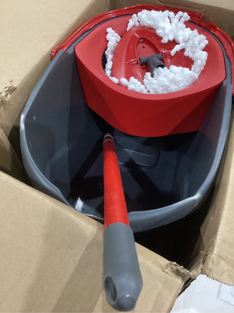 Condition photo showing As Is for cedar easywring microfiber spin mop & bucket floor cleaning system with 1 extra refill,red / gray