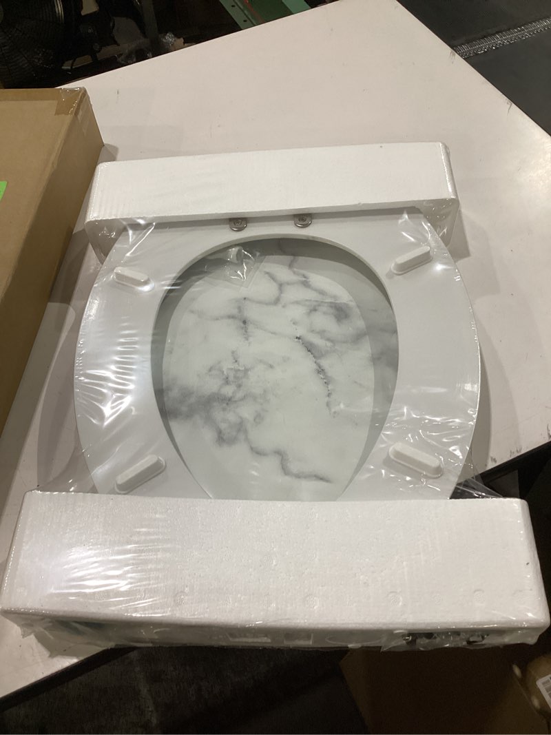 Condition photo showing New/Like New for toilet seats elongated, enameled wooden toilet seat for standard toilets, slow close design, quick release mechanism, easy clean and install