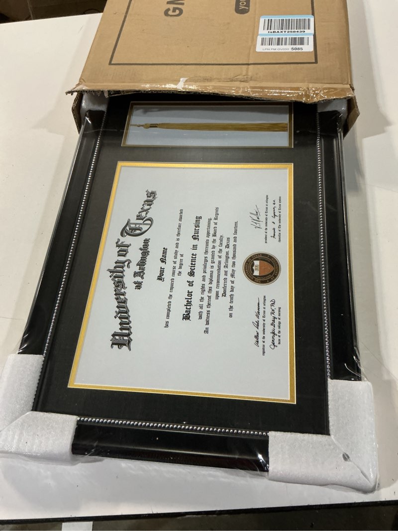 Condition photo showing Good Condition for graduationmall 11x17 black diploma frame with tassel holder for 8.5x11 certificate document,real glass, black over gold mat black with silver beads diploma + tassel