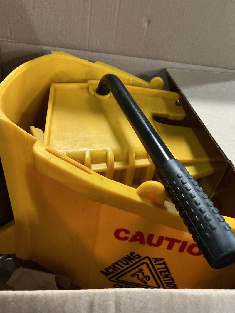 Condition photo showing As Is for Amazon Basics Side Press Wringer Combo Commercial Floor Cleaning Rectangular Mop Bucket on Wheels, 35-Quart, Yellow