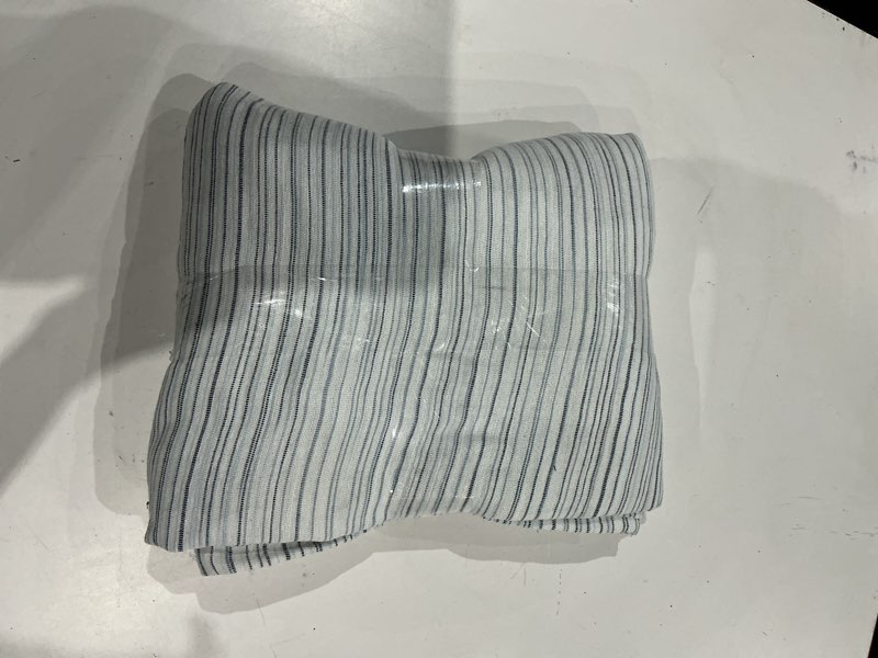 Condition photo showing As Is for blue and white stripped shower curtain