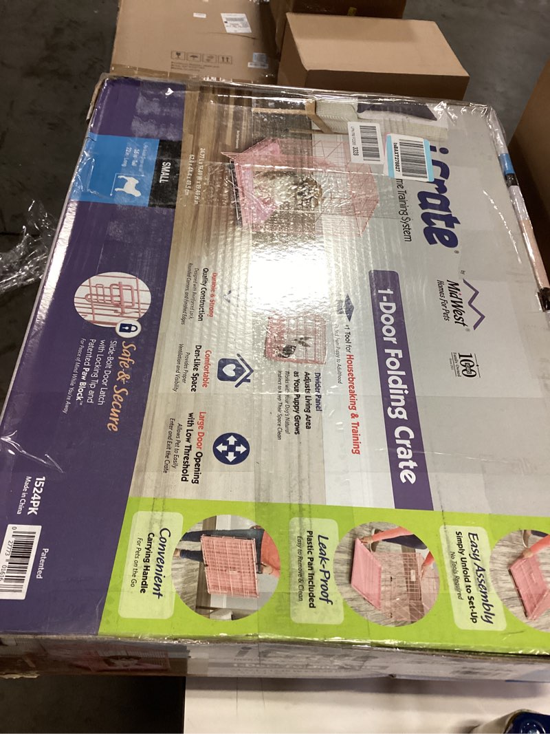 Condition photo showing New/Like New for MidWest Homes for Pets 24-Inch Pink Fashion iCrate Single Door Folding Dog Crate, Enhanced Security, Includes Leak-Proof Pan, Divider Panel, Handle, Rubber Feet Pink 24L x 18W x 19H Inches