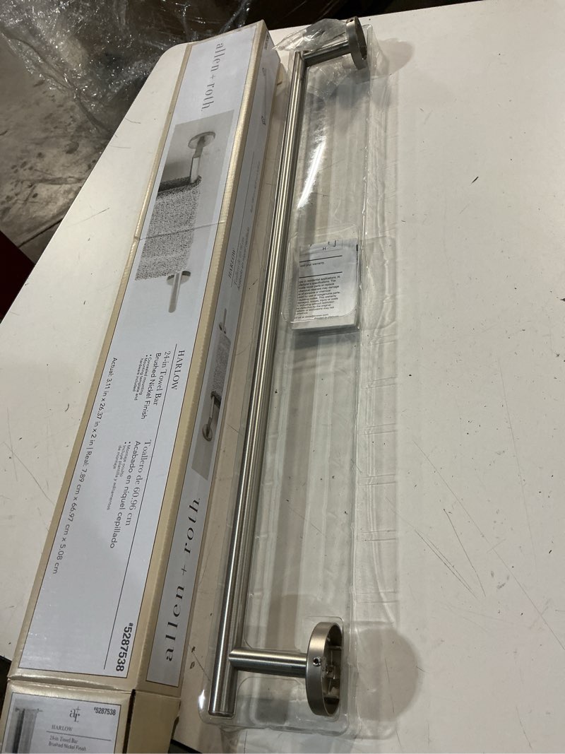Condition photo showing New/Like New for allen + roth harlow 24-in brushed nickel wall-mount single towel bar