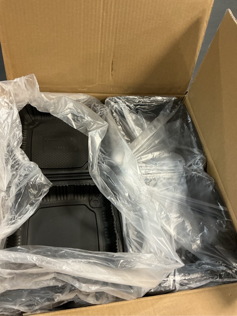 Condition photo showing New/Like New for karat earth clamshell take out food containers [9"x9" - 120 ct] to go containers | microwavable, freezer safe, soak-resistant, durable, stackable | vented for hot/cold foods, black 9" x 9" 1-compartment