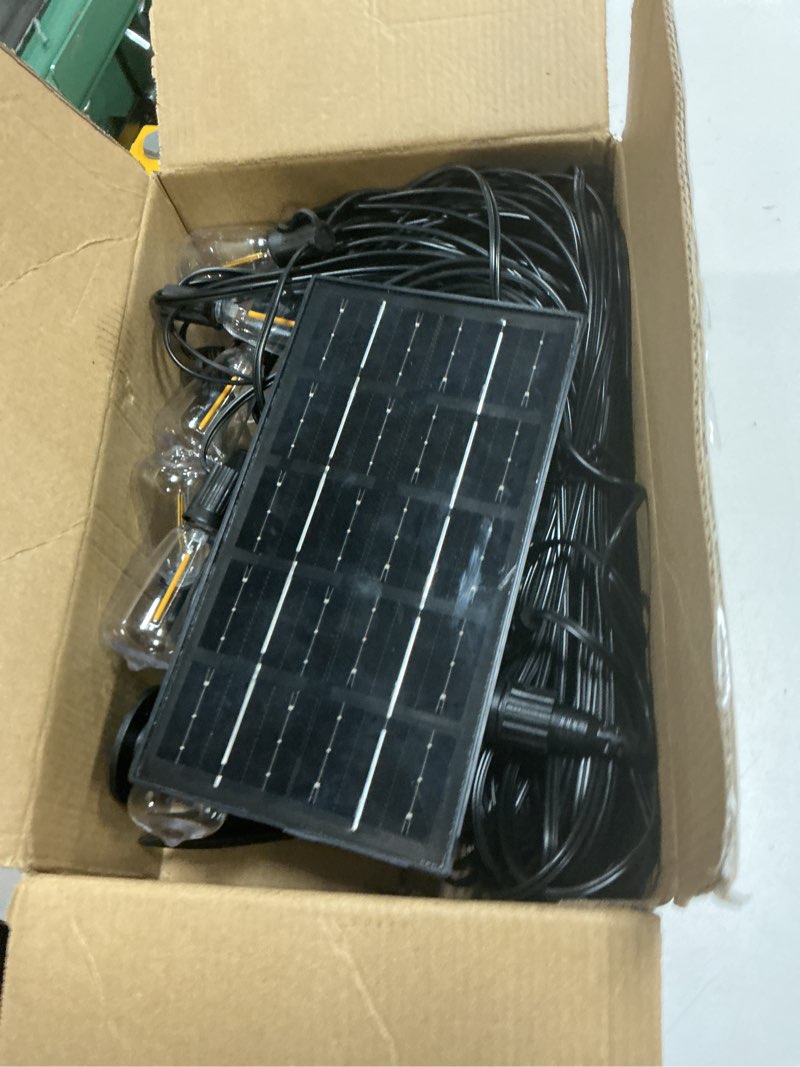 Condition photo showing As Is for bliatlus 120ft solar string lights outdoor waterproof with remote control 30+2 shatterproof led st38 bulbs for porch garden market bistro patio backyard fence 120ft 30 sockets st38