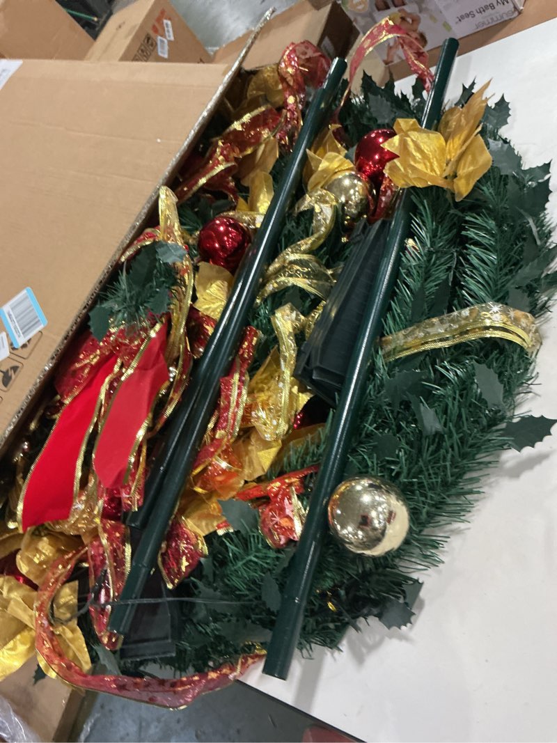 Condition photo showing As Is for Pop Up Christmas Tree with Lights and Decorations & Remote, 6FT Prelit Pull Up Artificial Xmas Trees Decorated Christmas Tree with Red Gold Christmas Ball Ornaments Bows Ribbons Holiday Party Decor