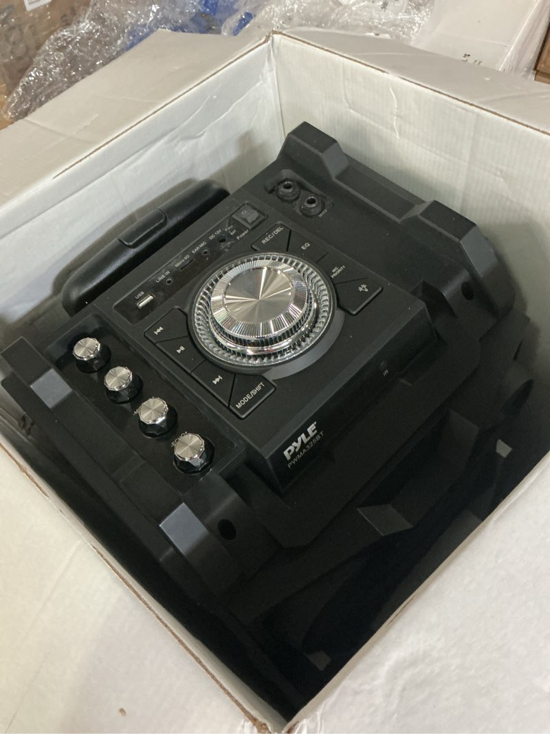 Condition photo showing As Is for pyle 500 watt portable bt connectivity karaoke speaker system - pa stereo with 8" subwoofer, dj lights rechargeable battery microphone, recording ability, mp3/usb/sd/fm radio - pwma325bt