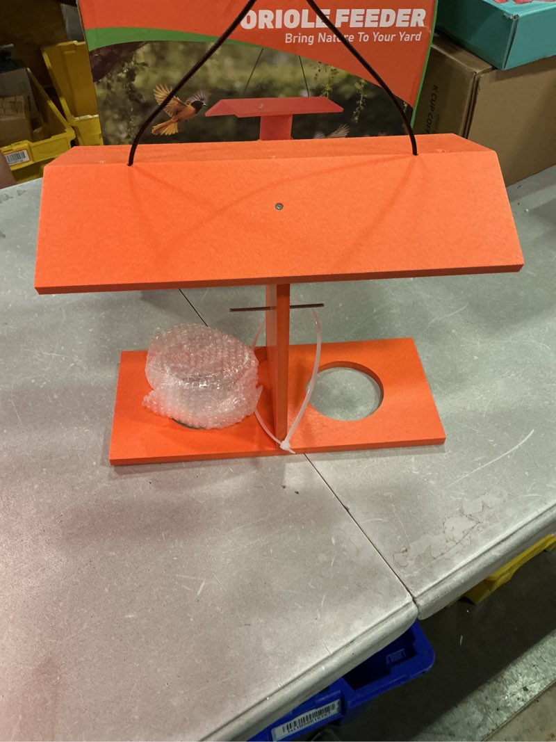 Condition photo showing As Is for beslands oriole feeders for outdoor hanging, 2 jelly cups bird feeder, large capacity with orange pegs all in one, recycled hdpe, supports fruit nectar seed for orioles, baltimore oriole