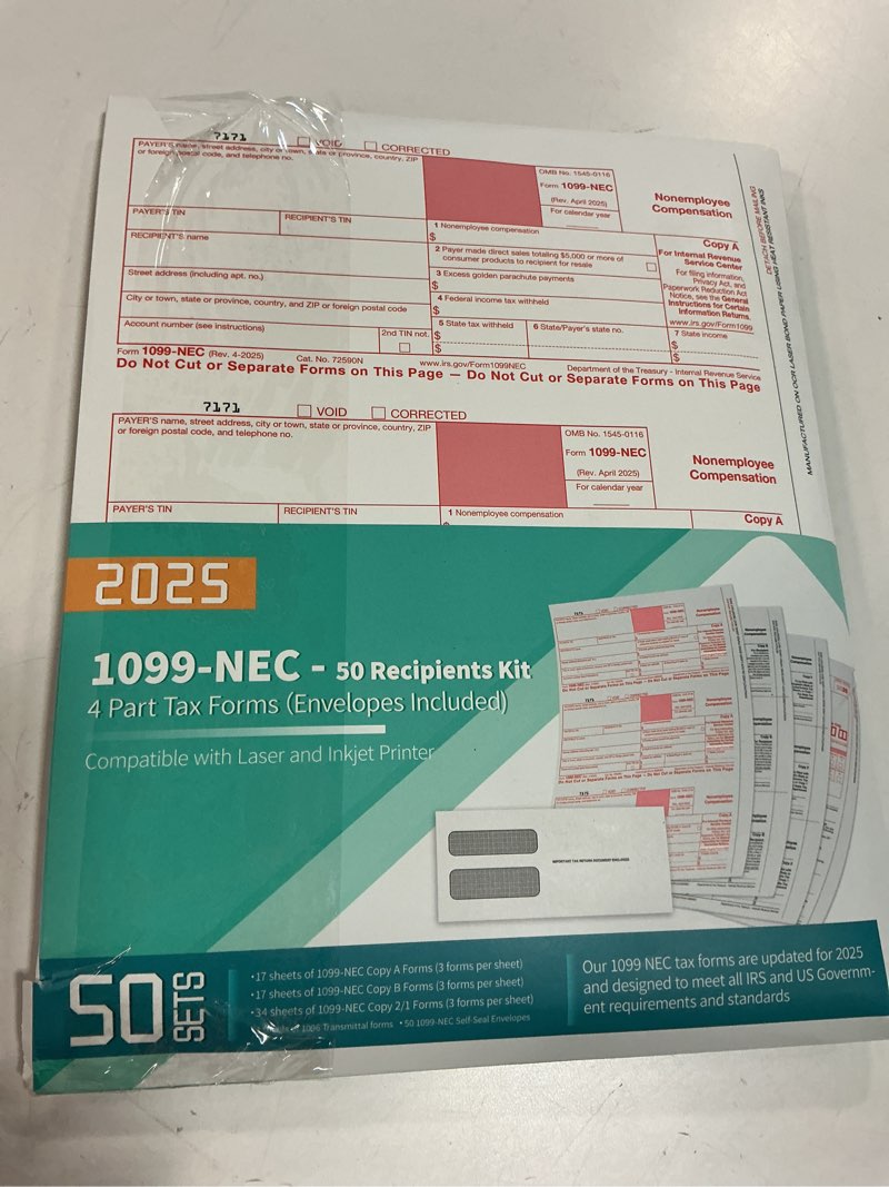 Condition photo showing New/Like New for 1099 NEC Forms 2025,1099 NEC Forms 2025 with Envelopes,Vendor Kit of 50 Laser Forms,1099 NEC Tax Forms,4 Part Tax Forms Kit,50 Self Seal Envelopes with 3 1096 Included 1099 NEC 50 Recipients Kit