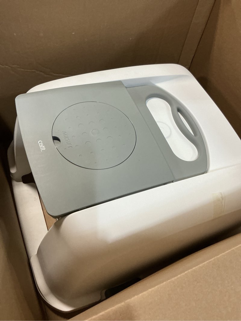 Condition photo showing As Is for (incomplete)   catit airsift litter pan large – covered cat litter box with dual-action odor control leak preventing design – includes filter pad, easy to clean, reduces litter tracking - 22.4” l x 18.3” h x 15.3” w white/gray large (54.5 x 41.5 x 46 cm)