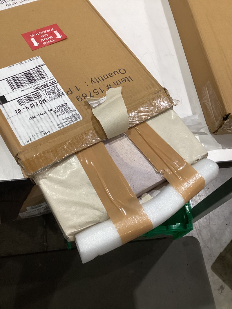 Condition photo showing As Is for Deco 79 Wood Living Room Decor Tray Ottoman Tray with Black Metal Handles, Serving Tray 28" x 10" x 2", Brown