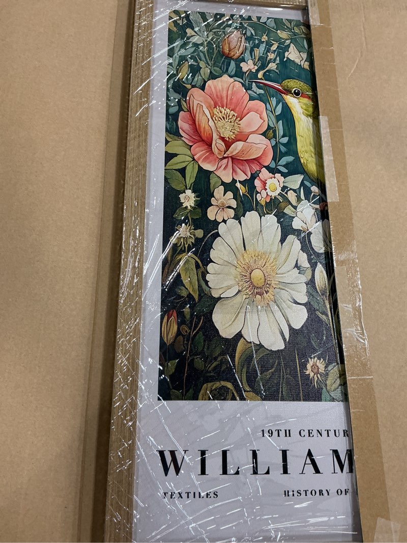 Condition photo showing New/Like New for framed vintage morris-inspired hummingbird wall art, botanical bird canvas print for living room bathroom office, 16x24 inch, ready to hang hummingbird flowers 24"l x 16"w