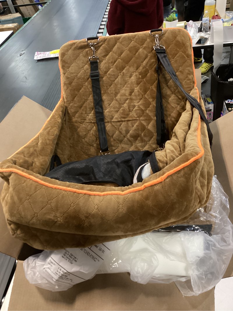 Condition photo showing As Is for siilar petshome dog car seat for medium large dogs, detachable washable pet booster seat with memory foam cushion, side pockets, 2 clip-on safety leashes pet car seat for dog up to 60 lbs/2 small dogs-brownm