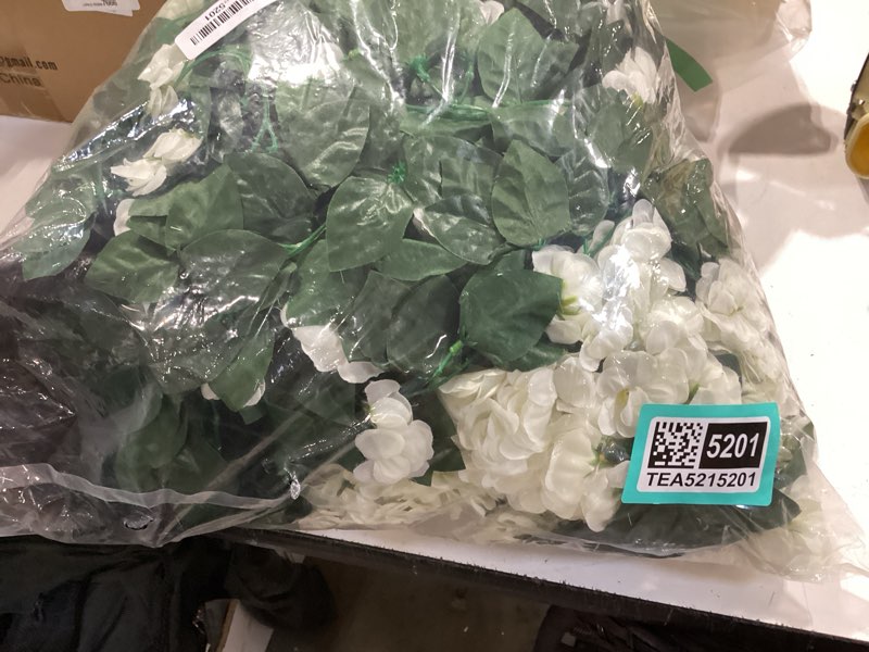 Condition photo showing New/Like New for artificial geraniums fake hanging flowers basket for spring outdoor decoration, faux plants silk geraniums vines in planter uv resistant look real for outdoors yard patio porch home decor, white