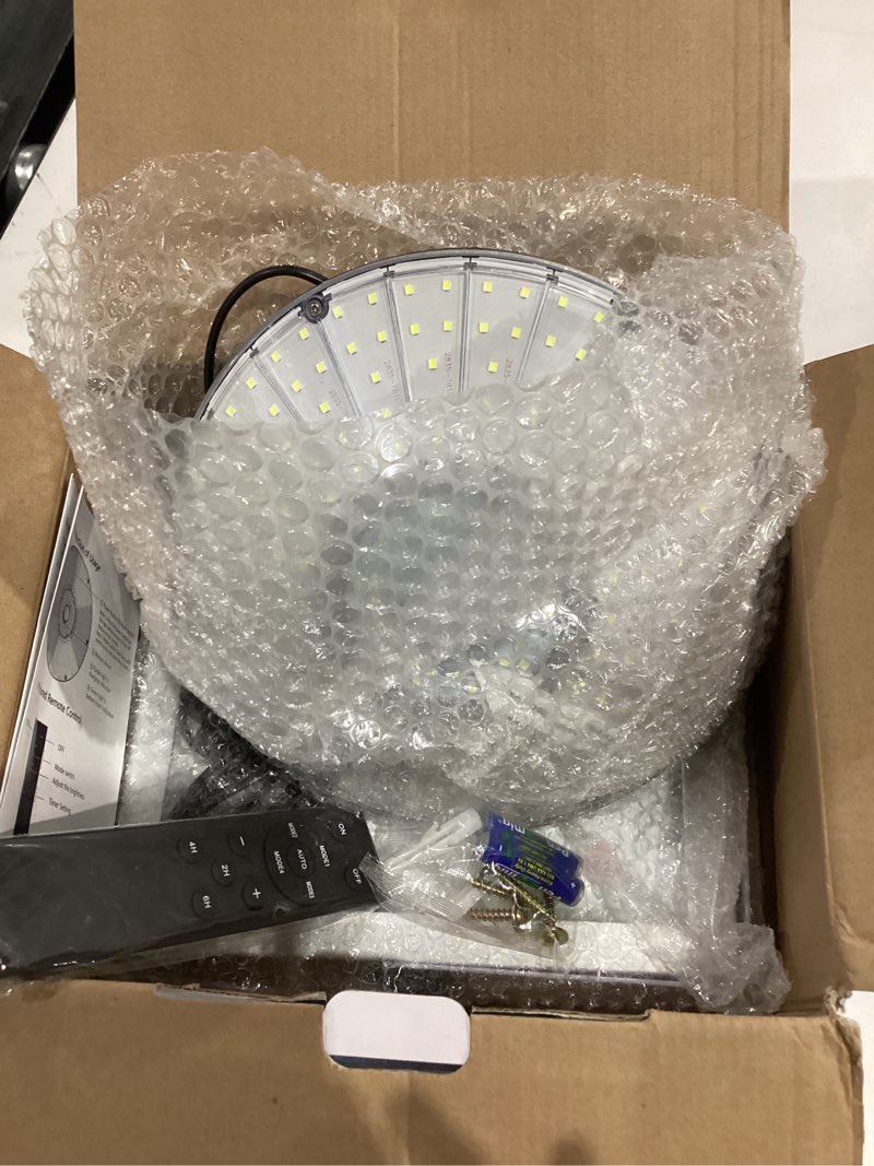 Condition photo showing Good Condition for Solar Shed Light Outdoor Indoor Solar Powered Motion Sensor Light 198LED 1200LM Daytime Work Light with 5 Lighting Modes Remote Control IP65 Waterproof Solar Hanging Barn Ligh for Home Gazebo Shop Black