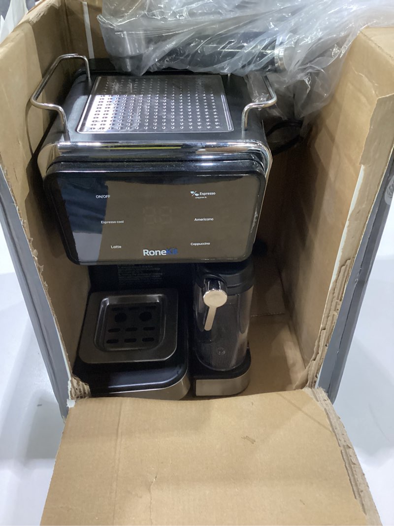 Condition photo showing As Is for espresso machine with automatic milk tank,espresso cool & cappuccino machine, 20bar espresso coffee machines, touch screen with timer, 50.7oz removable reservoir, not tested