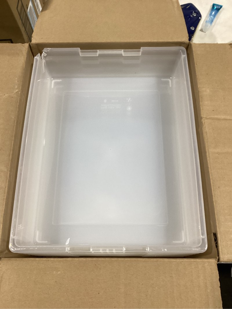 Condition photo showing New/Like New for IRIS USA 6 Qt. Storage Bins with Lids, 4-Pack, |Made in USA|, Small Plastic Craft Container Sensory Totes for Art Supplies, Paper, and Office, Stackable - Clear 6 Qt. - 4 Pack