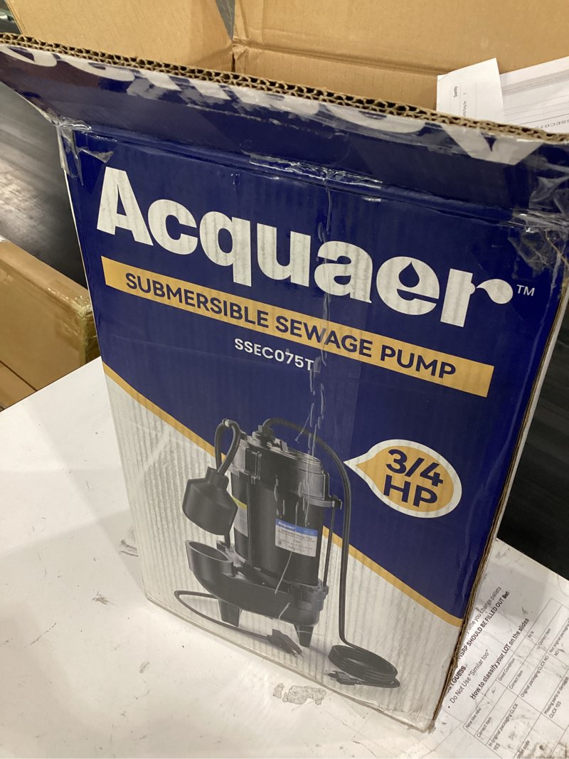 Condition photo showing Good Condition for acquaer 3/4hp submersible sewage effluent pump, cast iron, 115v 6400 gph automatic tethered float switch, sump pump for sump basin, basement, residential sewage, 2'' npt discharge dark