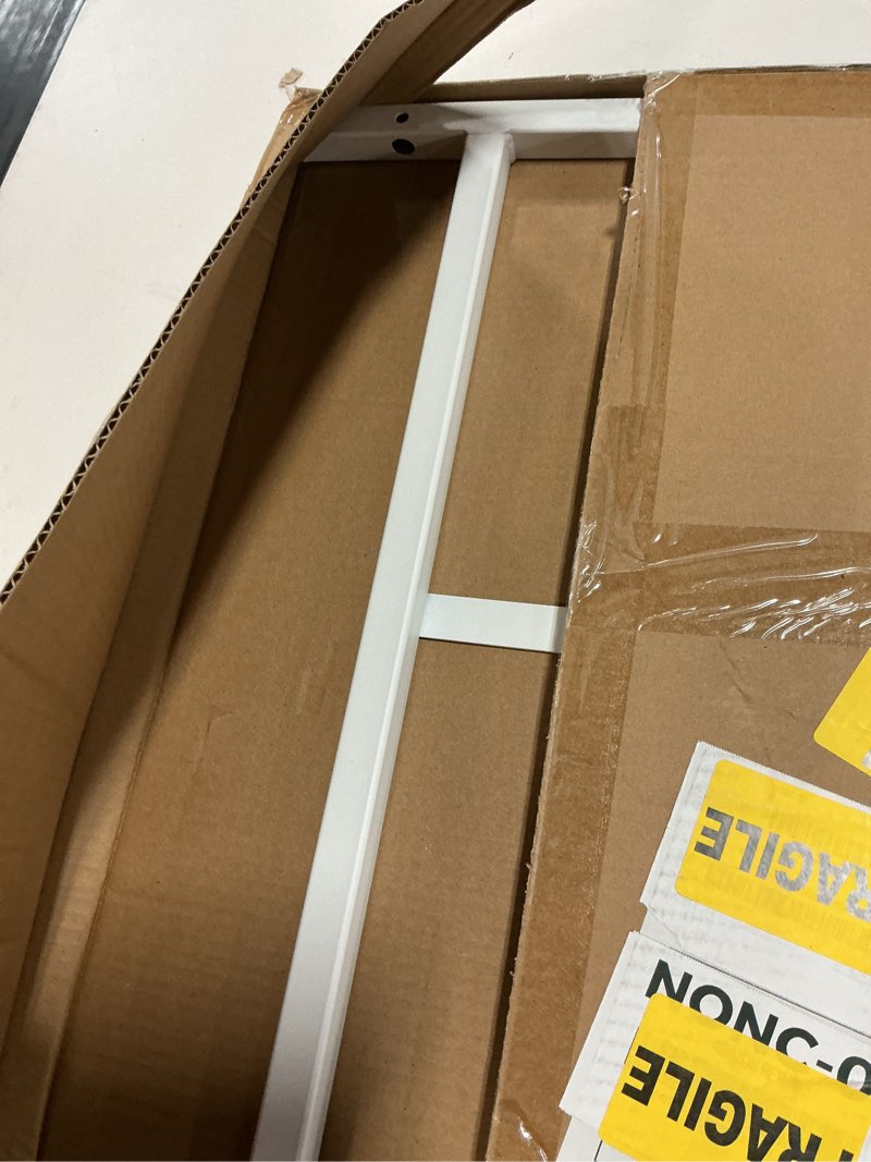 Condition photo showing New/Like New for fixed window safety guard 14”x 38” adjustable width prevents accidental falls, non-egress, tamper resistant screws included, white, single pack 14x38 inches
