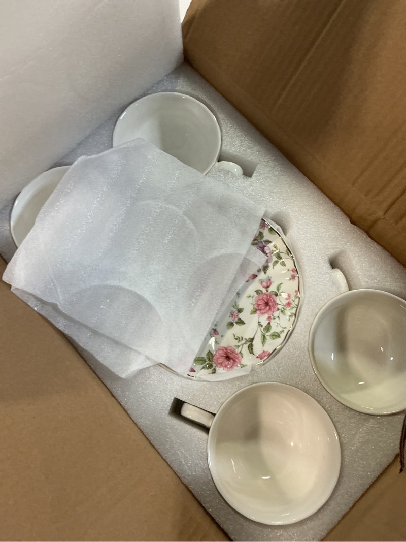 Condition photo showing New/Like New for agyiuns tea cup and saucers, 6.4oz floral tea cups with gold trim, coffee cappuccino espresso latte mugs for party birthday,christmas gift (pink and purple flowers)