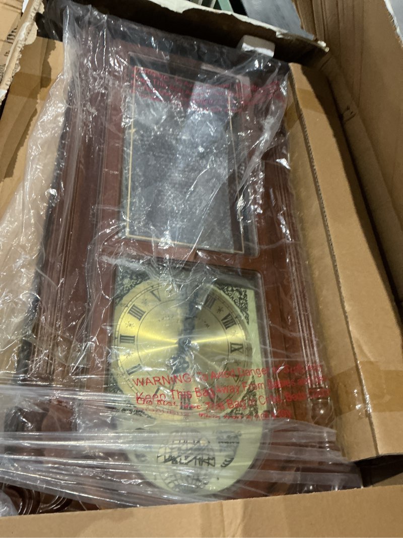 Condition photo showing As Is for bedford clock collection grand antique colonial chiming wall clock with roman numerals in a cherry oak finish, 38" l