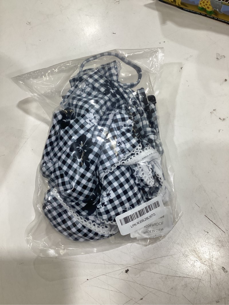 Condition photo showing Good Condition for zaful women's halter v neck plaid tummy control tankini swimsuits | plaid floral print, self tie back strap, tummy control tank top, tie side cheeky bikini bottom, 2 piece bathing suit 2-floral black medium