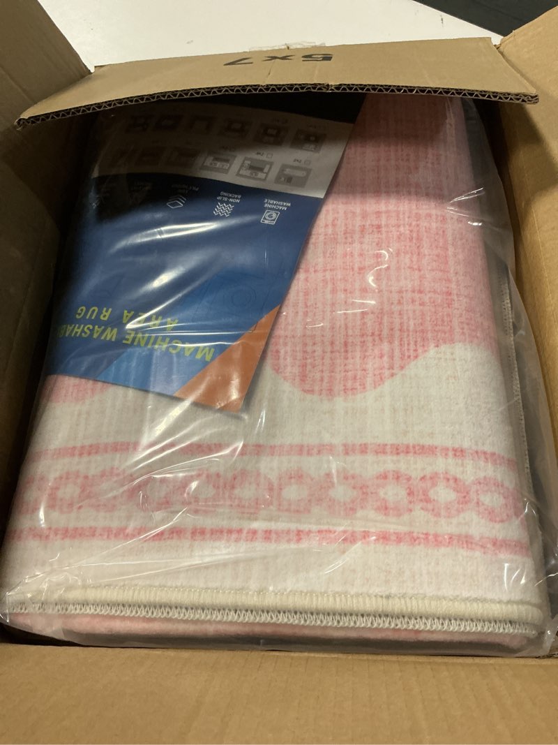 Condition photo showing Good Condition for scalloped washable rug 5x7 area rugs for living room, solid pink rugs for bedroom girls, non slip scalloped rug throw mat with rubber back, soft dorm nursery low pile carpet for dining room pink 5' x 7' (rectangular)