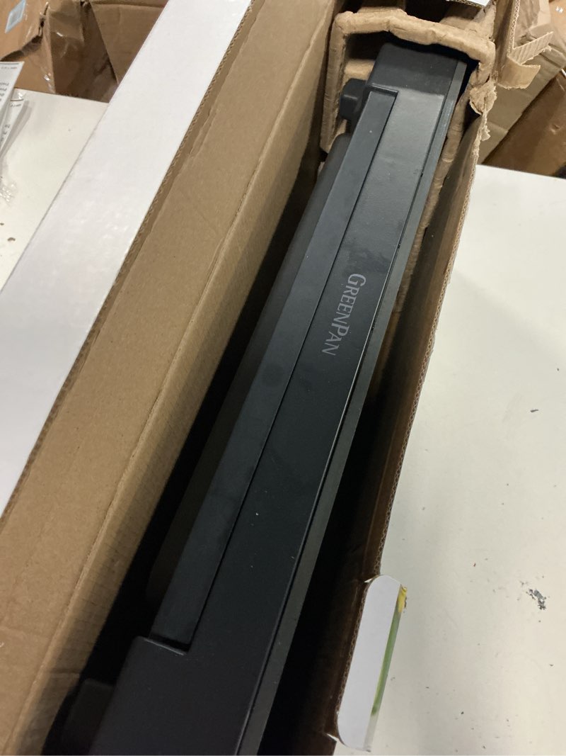 Condition photo showing As Is for greenpan advanced 10.5”x 20” electric griddle with warming drawer, healthy ceramic nonstick pfas-free coating, temperature control, easy and versatile countertop meals, dishwasher safe, graphite 10.5" x 20" electric griddle graphite