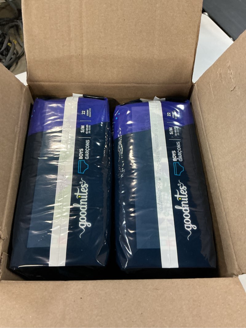 Condition photo showing New/Like New for goodnites boys' nighttime bedwetting underwear, size s/m (43-68 lbs), 44 ct (2 packs of 22), packaging may vary small/medium 44