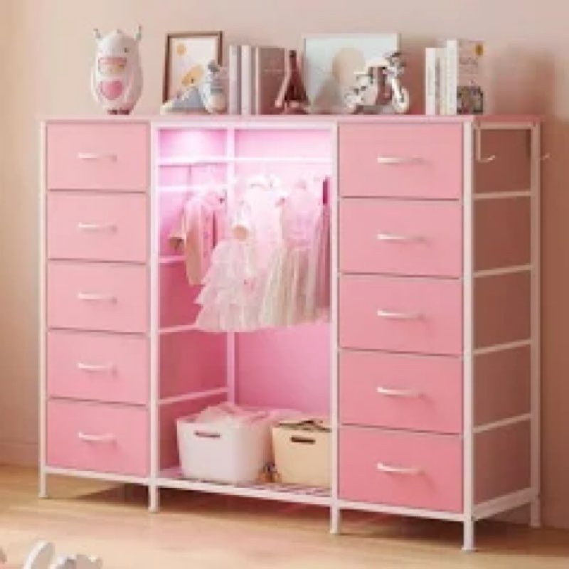 LUMTOK 2-in-1 Dresser with Hanging Rack, 10 Drawers Dresser for Bedroom,Dressers with Fabric Drawers