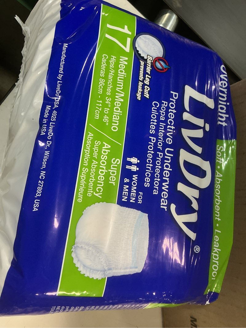 Condition photo showing New/Like New for ( 4 packs) livdry adult m incontinence underwear, overnight comfort absorbency, leak protection, medium, 17-pack medium