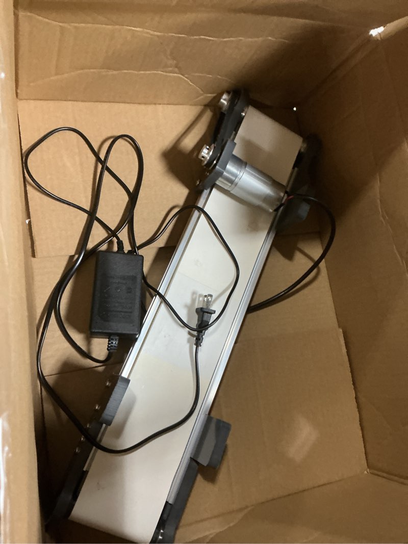 Condition photo showing As Is for dc 12v electric desktop conveyor belt, 116rpm adjustable mini conveyor belt with speed controller for small-scale material production packaging friction experiment, 19.7” x 3.9”