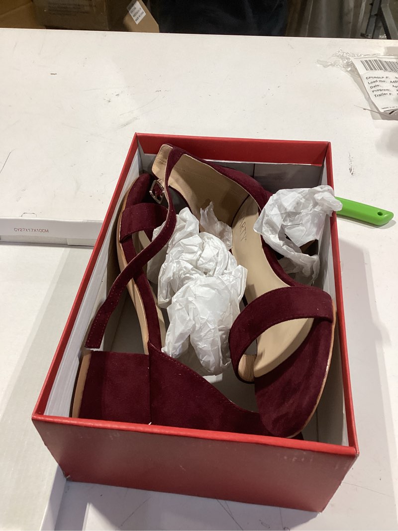 Condition photo showing Good Condition for party women's open toe ankle strap low block chunky heels sandals 7 burgundy
