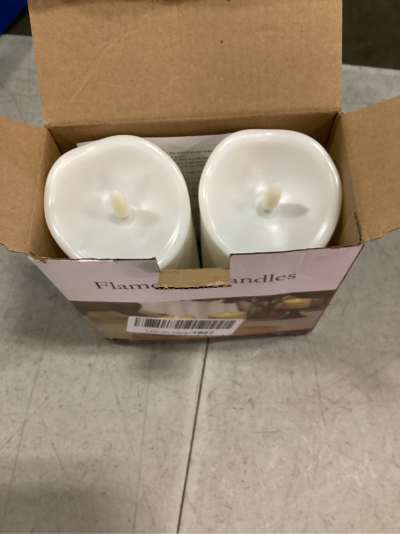 Condition photo showing As Is for homemory 6"x3" outdoor waterproof flameless candles, led candles, battery operated candles with remote and timers, electric fake plastic pillar candles, ivory white, set of 2 d3“xh6"6" ivory white