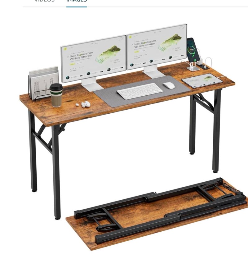 temi long computer desk folding table - no assembly, compact 55.1" foldable desk with power outlets 