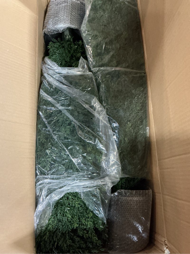 Condition photo showing New/Like New for the bloom times artificial topiary cedar trees outdoor 3ft tall 2 set, realistic faux pine cypress shrubs bushes, uv resistant large fake evergreen plants for front porch outside planter decor 3 foot 3 foot yellow green