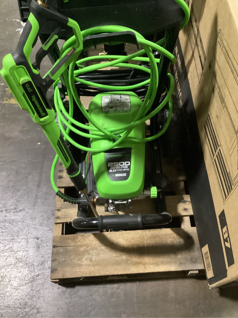 Condition photo showing As Is for greenworks 2500-psi 2-gpm cold water electric pressure washer