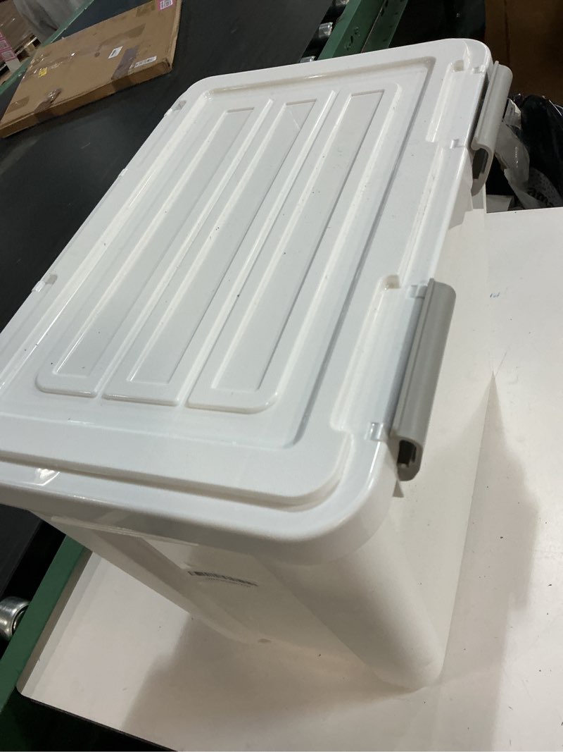 Condition photo showing As Is for iris usa stackable dog food storage container with 2 cup scoop, 4 secure latches, fits up to 30 lbs, pet dry food bin, gasket seal lid, bpa free, stackable, easy measure, white white/gray